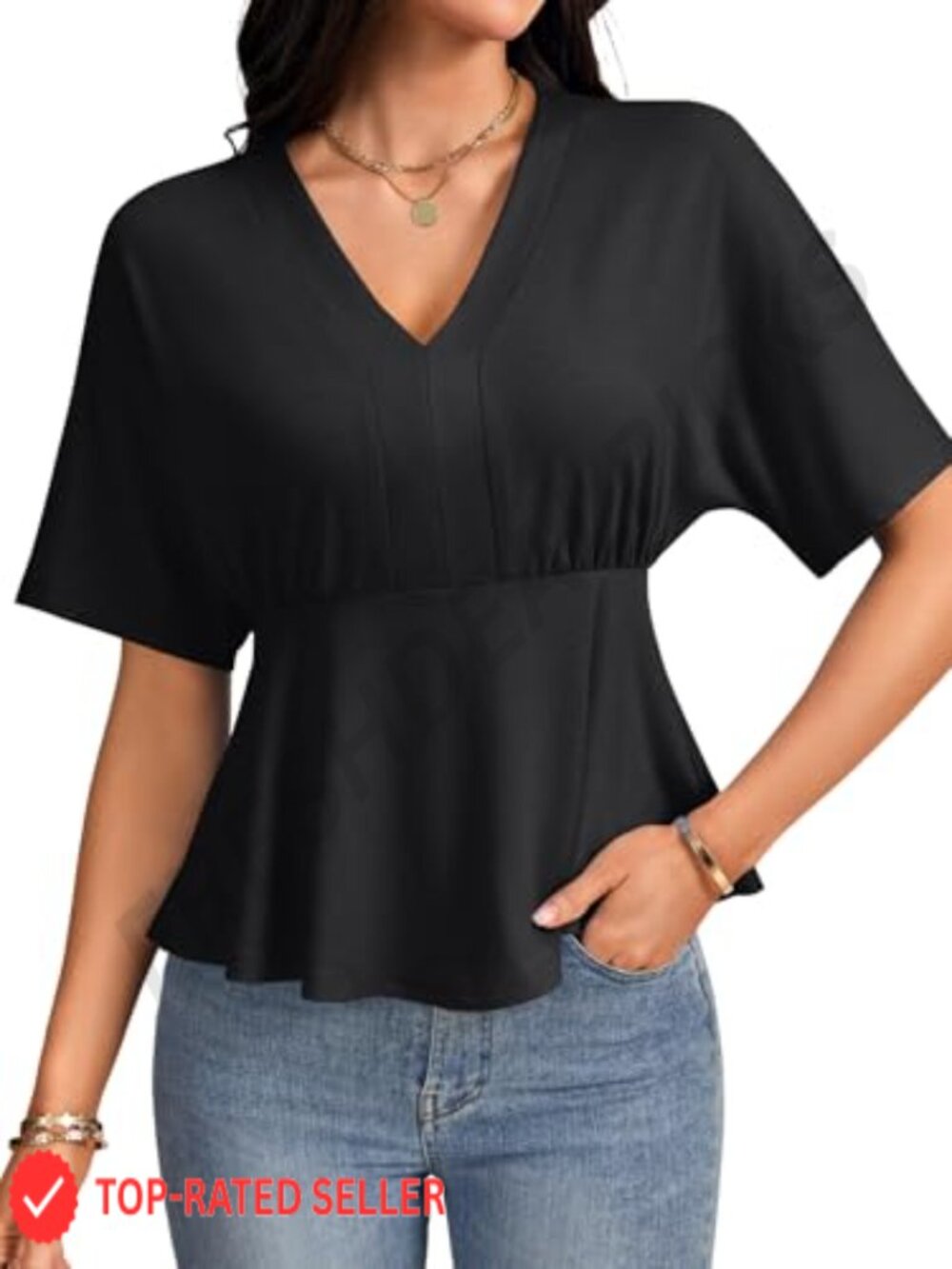Women's Ruffle V Neck Short Sleeve Tunic Top with Shirred Waist